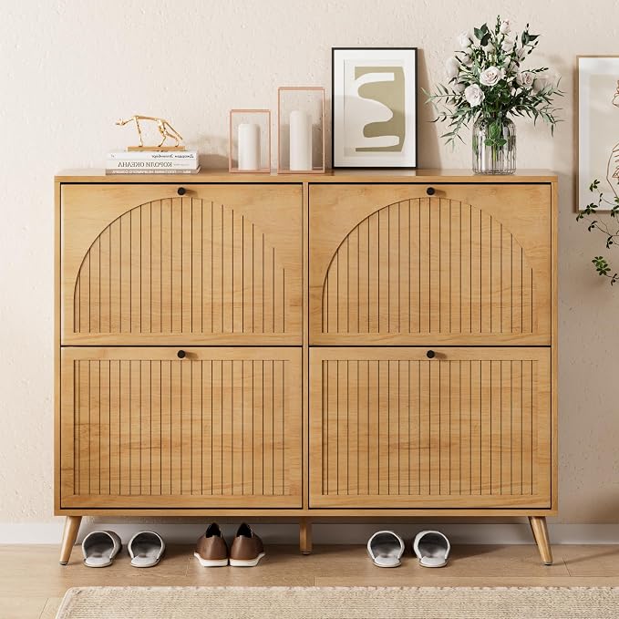 Fsbecl Shoe Storage Cabinet for Entryway with 4 Fluted Flip Drawers, Oak | Narrow Design, Freestanding Shoe Rack with Adjustment Shelves, Wooden Hidden Organizer for Hallway Foyer, 16-24 Pairs
