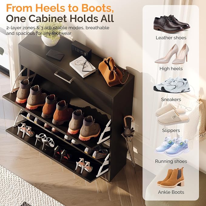 VINGLI Black Shoe Cabinet for Entryway, Modern Slim Shoe Rack Storage with 3 Flip Drawers, Narrow Free Standing Sneaker Organizer for Hallway, 9.5" Depth, Matte Black Finish
