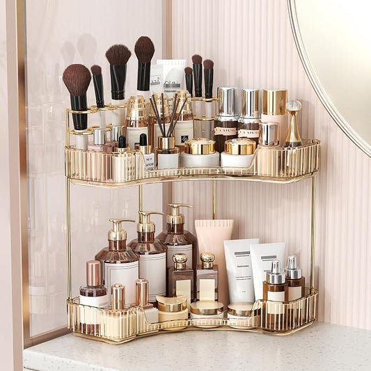 BEFSOP Corner Bathroom Counter Organizer, Upgraded 2-Tier Makeup Organizer Countertop with Makeup Brush Holder, Skincare Exquisite Vanity Organizers Countertop Bathroom Storage Dresser(GOLD)