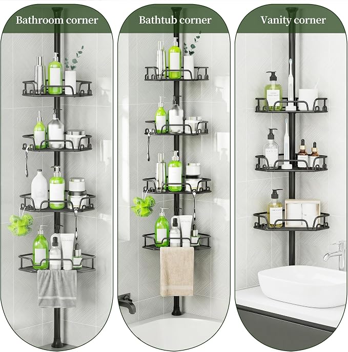 DAOYA Shower Caddy Tension Pole Shower Organizer Tension Rod with Towel Bar | Bathroom Corner Caddy for Bathtub/RV, Adjustable Floor-to-Ceiling 25-114.2", 12 Side Hooks, Black, Rustproof Stainless Steel