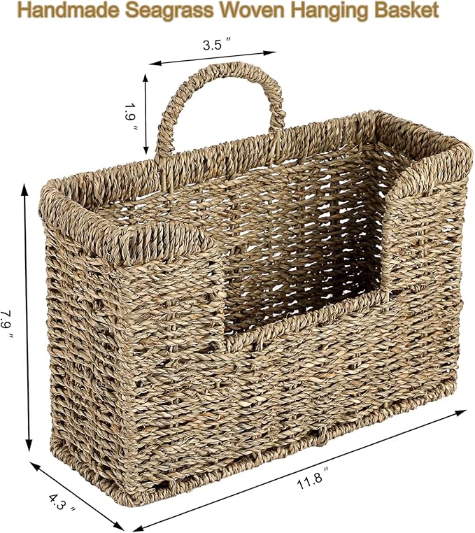 Hanging Magazine Basket, Woven Wall Magazine Holder Organizer with Handle for Mail, Files, Books - Water Hyacinth Farmhouse Storage Rack for Bathroom, Kitchen, Office (1, Sea Grass)
