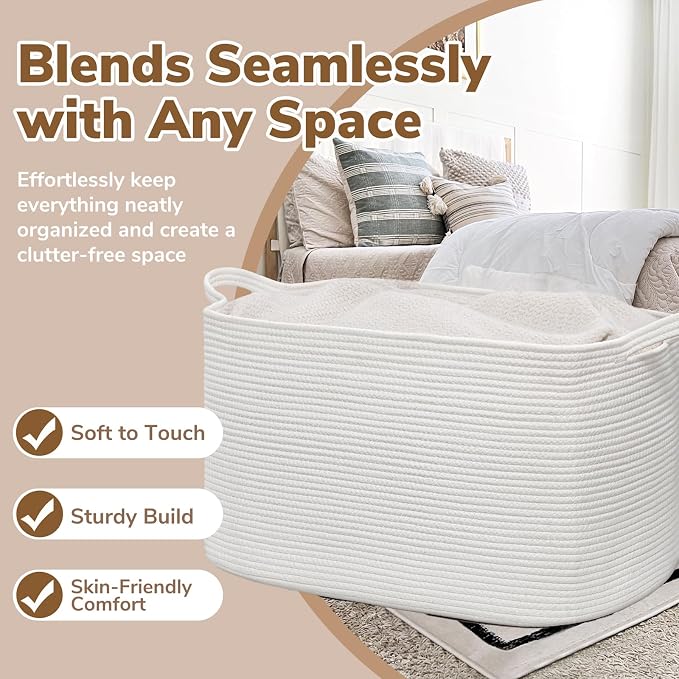 Goodpick 105L Extra Large Woven Blanket Basket, Cotton Rope, White | 25 x 16 x 16 in, Rectangle, Living Room, Bedroom & Nursery Organization, Blankets, Clothes & Toys Storage