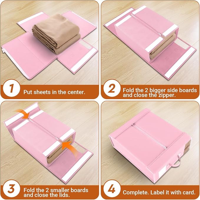 StorageTastic 8 Pack Bed Sheet Closet Organizers and Storage,Sturdy Foldable Storage Containers with Window and Label,Storage and Organization for Bedding Sheets,Duvet Covers,Blankets (Pink)