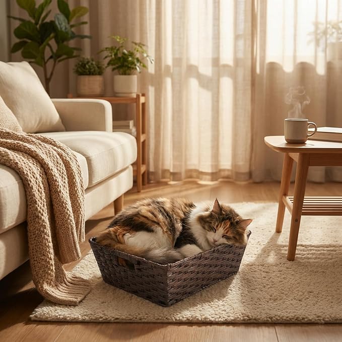 Large 2-Pack Plastic Wicker Storage Baskets, 17"x13"x5.5", Brown | onlytak woven bins for laundry, closet, living room, shelf organization, and even a cat bed – perfect home storage decor.