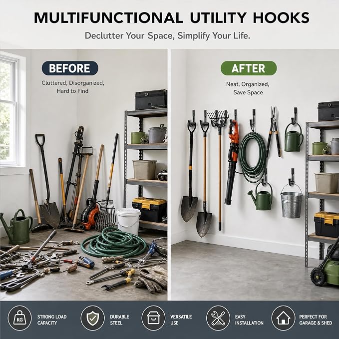 Heavy Duty Metal Wall Hooks Garage Organization Storage Hooks | Utility J Hooks, for Hanging Tool Coat, Ladders, Backpack Bag, Extension Cords, and Bags(8 Pcs - Black)