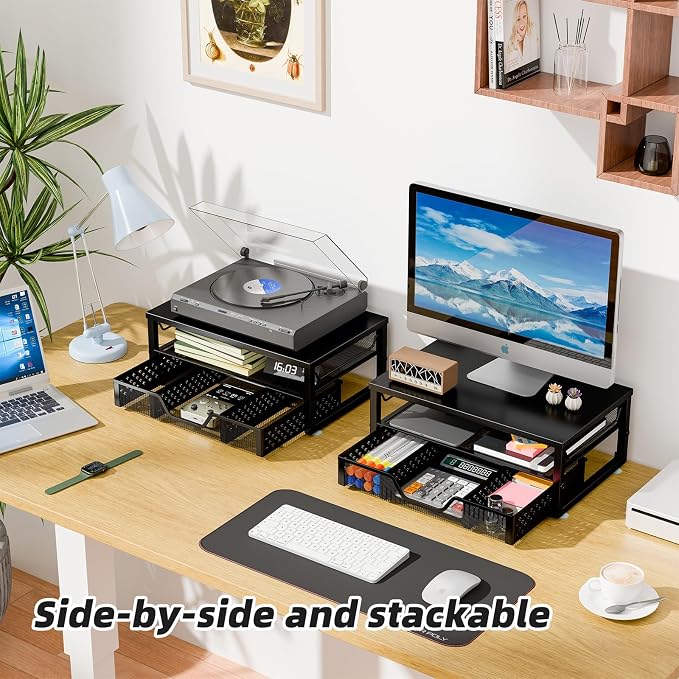 Simple Trending 2-Tier Monitor Stand Riser, Laptop & Printer Stand, Black | Metal Desk Organizer with Drawer, Desktop Organizer, Ergonomic Design, for Home Office, 16.34"W x 10.35"D x 3.5"H