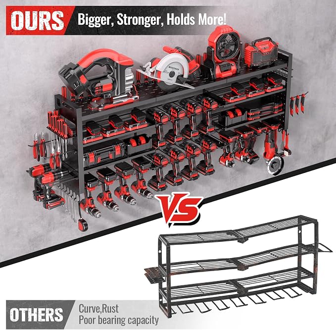 49.8" Power Tool Organizer Wall Mount,Holds 18 Cordless Drills | Large 4-Tier Tool Storage Rack, Heavy Duty 450 lb Load Capacity for Garage Workshop, Black, Gift for Men