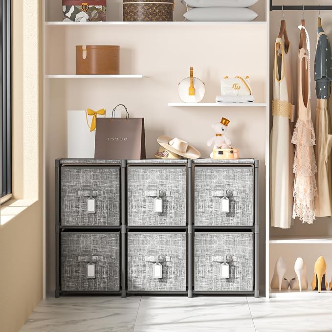 Cube Storage Organizer Shelf + 6 Bins + Labels | Adjustable Modular Cubby Organizer, Beautiful Printed Storage Shelf, Large Capacity, Living Room, Dorm, Yarn