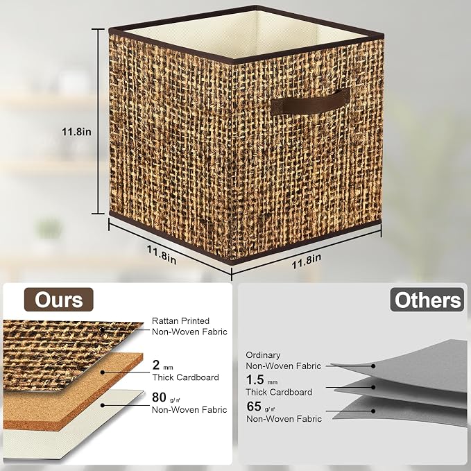 12x12 Cube Storage Bins - Fabric Cubby Bins with Dual Handles, Collapsible Storage Organizer for Shelf, Closet, Nursery, Set of 6 （PRINTING instead of Rattan Weaving）