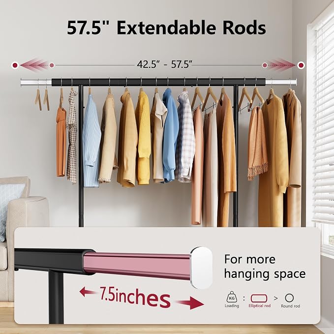 Clothing Rack with 2 Shelves, Metal Heavy Duty Load 350 LBS, Black | Adjustable Clothes Rack, Extendable Garment Rack for Hanging Clothes, Rolling Rack for Bedroom, Laundry Room, Clothes Store