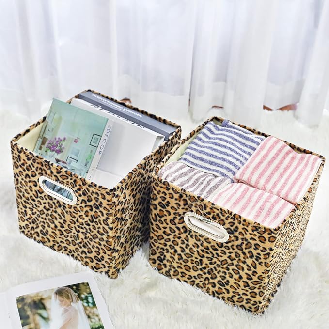 ANMINY Leopard Cheetah Print Storage Cubes Bins, Velvet, Brown, 13Inch 8PCS | Collapsible & Washable, PP Board Frame, Built-in Metal Handles, Animal Themed Fabric Cubes Baskets for Closet Shelves Decor