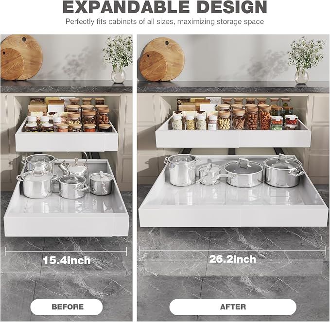 Seinloes 2 Pack Pull Out Cabinet Organizer 24" Deep,Full Extension 3 Slide Rails Slide Out Drawers With Raising Pad for Framed Cabinets,Expandable Width (15.4"-26.2"),No Drill Roll Out shelf,White