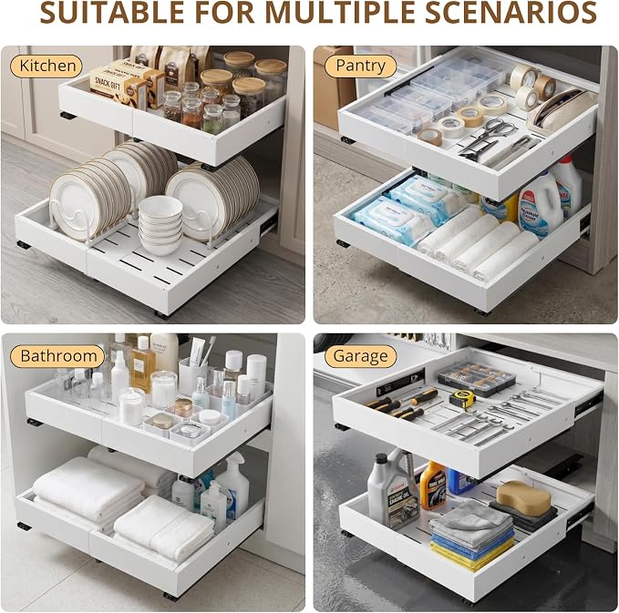 DOMNIU 2 Pack Pull Out Cabinet Organizers Width(12"-19"), Depth(17"-23") | Slide Out Drawers, Upgrade 3 Slide Rails Sliding Drawer for Kitchen Cabinet Organizer, White