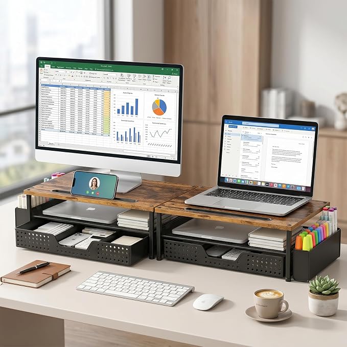 Desk Organizer and Accessories, 2-Tier Computer Monitor Stand Rise with Phone Holder, Drawer & 2 Pen Holders, Laptop & Printer Stand for Desktop, Workspace Organizers for Office Supplies (Brown Wood)
