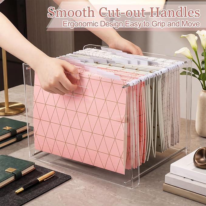 Dispowreath 24 Hanging File Folder with Acrylic Organizer for Letter/a4 Size Desktop Clear File Storage Box with Handles for Home Work Office Use (Geometric)