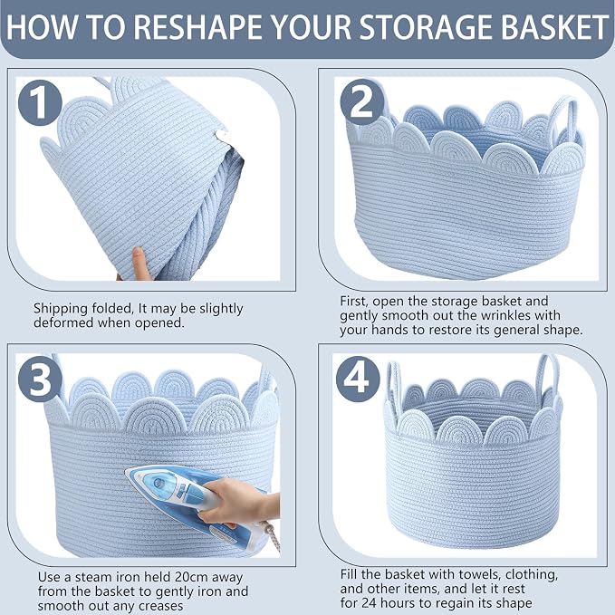 LemonRoad Blue Round Basket Large Blanket Basket 16" x 14" Scalloped Woven Baskets Cotton Storage Baskets for Nursery Classroom Closet Blankets Storage Home Decor