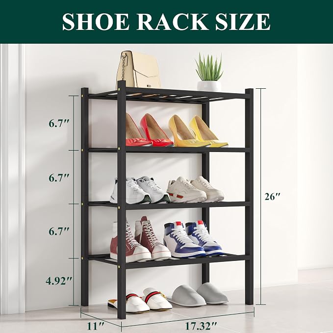 Smiry Bamboo Shoe Rack, 12 Vertical Slats, 4 Tier - 17.3" Wide, Black | Stackable Free Standing Wooden Shoe Organizer, Wood Shoe Storage Shelf for Closet, Entryway