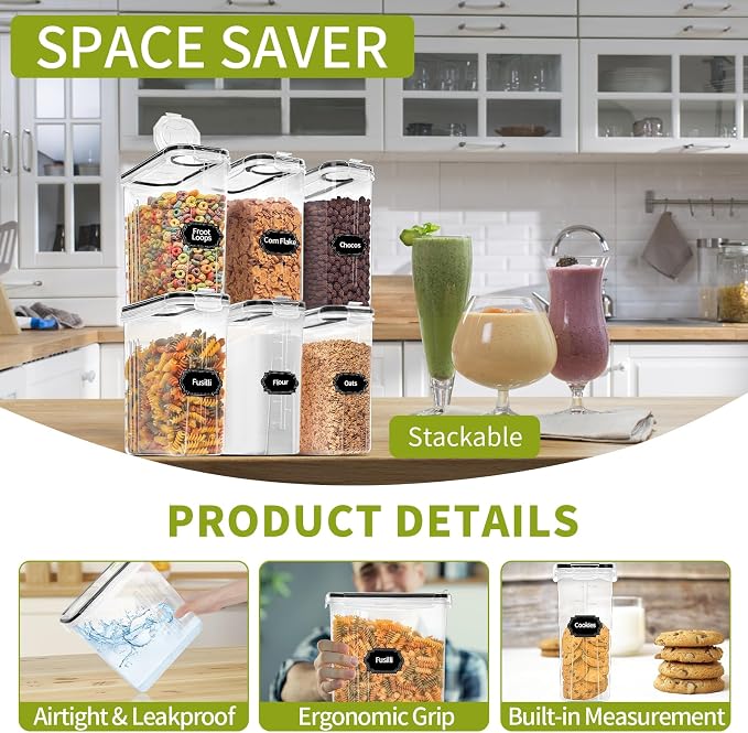 Skroam Cereal Containers Storage of 6 [4L/135.2 oz], Airtight Food Storage Containers with Lids, Plastic Cereal Dispensers for Kitchen & Pantry Organizers and Storage, Measuring Cup & 20 Labels