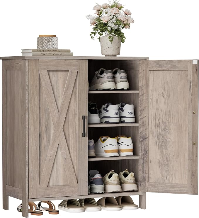 Homleke Farmhouse Shoe Cabinet with 2 Barn Doors & Wood Legs | Tall 4-Tier Shoe Storage Cabinet, 3 Adjustable Shelves, Shoe Rack Organizer, for Entryway, Hallway, Closet, Greige
