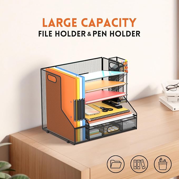 5-Tier Desk Organizer with File Holder & Pen Holder & Sliding Drawer, Black | Mesh Metal Paper Letter Tray for Papers, Mail, Office Supplies, and Desk Accessories