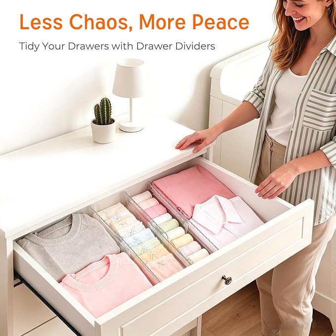 12 Pack 4" High Drawer Dividers for Clothes, 10.2"-16.5" Expandable Dresser Drawer Organizers, Adjustable Plastic Clear Drawer Separators for Kitchen, Baby Clothing, Socks, Underwear, Bedroom