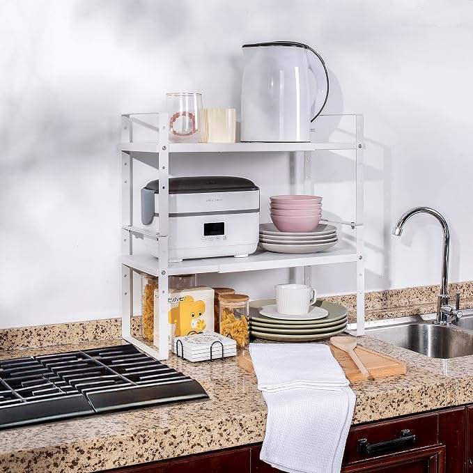 Across-Star Expandable Cabinet Shelf Organizer Rack, Stackable Kitchen Counter Storage Shelves Stand, Adjustable Height Pantry Shelf Spice Rack