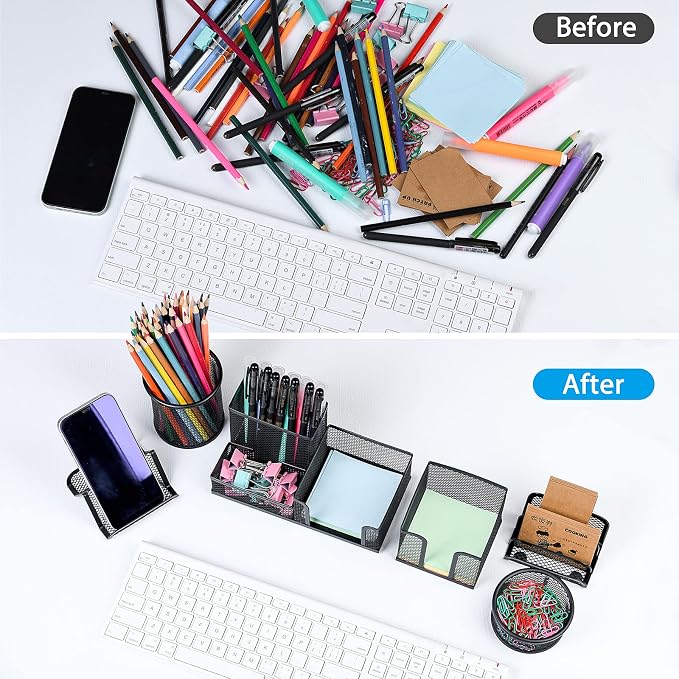 Desk Organizers set with Mesh Pen Holder Cup, 3 Compartments Black Office Supply Organizer Paper Clips Holder for Office Desk Accessories (6 Piece set, Black)
