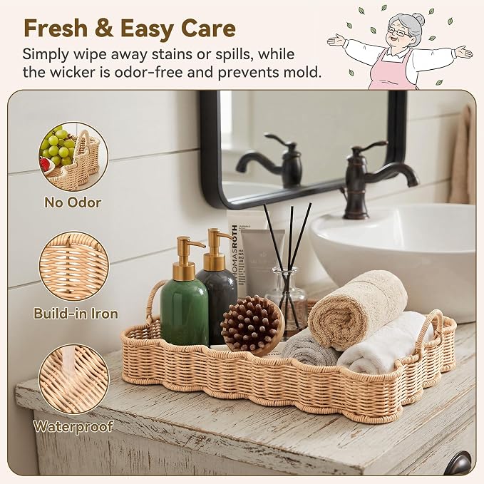 GRANNY SAYS Scalloped Edge Rectangle Wicker Serving Tray, Coffee Table Tray, Serving Trays with Handles, Decorative Tray for Entryway, Coffee Table, Woven Tray for Serving, 15 ¾"×11 ½"×2 ¼"