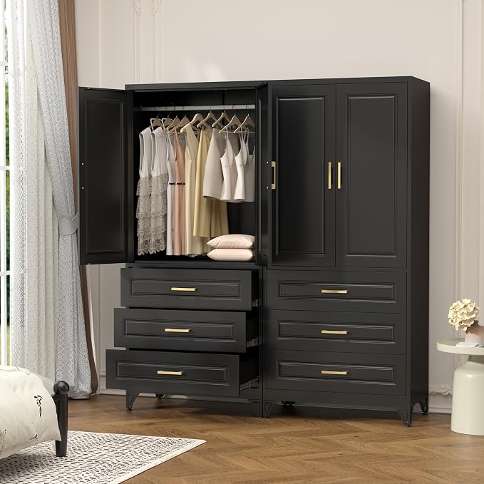 Polup 71" Black Metal Armoire Wardrobe Closet with Doors and 3 Drawers | Freestanding Heavy Duty Steel Clothing Storage Cabinet, Hanging Rod, 180lbs Adjustable Shelves, for Office, Bedroom & Garage