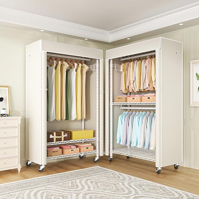 White Clothing Rack with Beige Cover, P1C Rolling Closets with Wheels, Metal Garment Rack for Hanging Clothes, Clothing Storage Wardrobe, 36.2" W x 16.5" D x 80.5" H, Load 450 Pounds