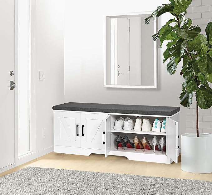 HOMSHO Farmhouse Shoe Storage Bench with 4 Barn Doors & Padded Seat Cushion | 47.2" Wide Entryway Bench with Adjustable Shelves & Hidden Storage, White