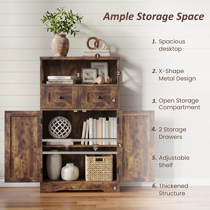 Farmhouse Storage Cabinet with Drawers, Small Kitchen Pantry Cabinet, Brown | Accent Coffee Bar Cabinet Cupboard, 2 Drawers, 2 Barn Doors & Adjustable Shelves, for Kitchen/Entryway/Living Room/Bathroom