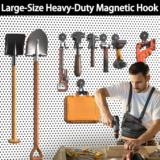 3-H Heavy Duty Magnetic Hooks, Large Magnet Hooks 3.5 inch Base,2 Pack | No-Drill Tool Holder for Garage,Power Drill,Garden Tools,Hose Storage