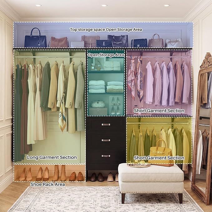 8FT Closet System with 3 Curved Drawers, 96'' Wooden Walk-in Closet Organizer with 3 Top Shelves, Adjustable Organizer System with 3 Hanging Rods, Built-in Wardrobe Storage Rack for 4-8 ft, Black