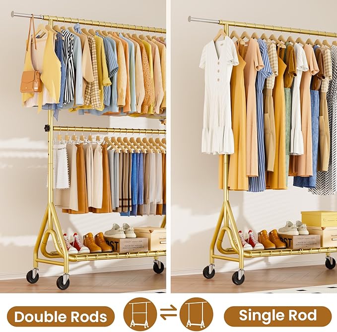 Heavy Duty Clothes Rack for Hanging Clothes, Double Rods Clothing Rack with Lockable Wheels, Rolling Garment Racks with Shelf, Easy to Assemble, Gold