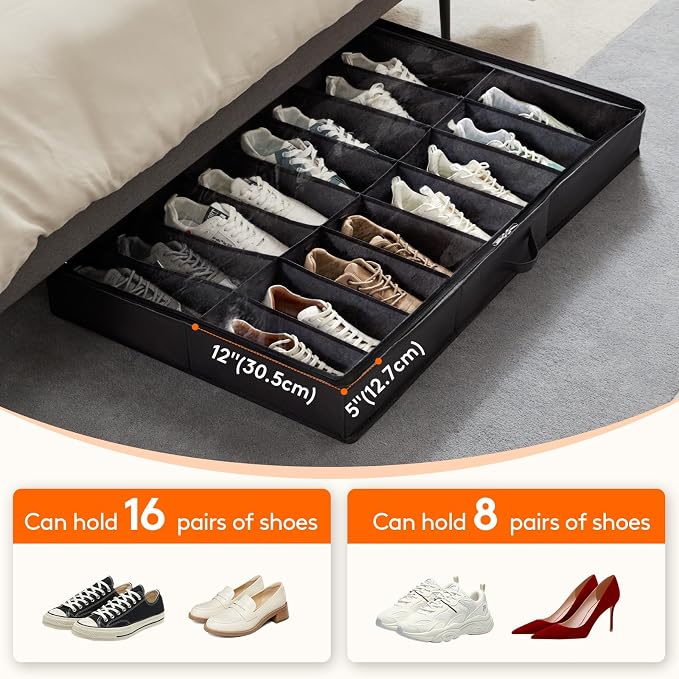 Lifewit Under Bed Shoe Storage Organizer 2 Pack(16 Shoes Cells), 4.3 Inches Profile Fabric Shoes Container Box with Clear Cover, Foldable Storage Bag with 2 Handles, Fits 16 to 32 Pairs