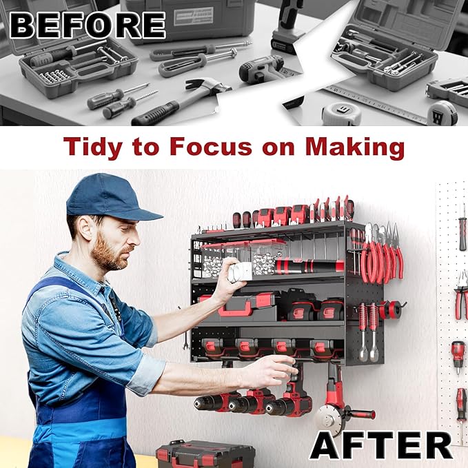 16" Metal Power Tool Organizer Wall Mount,4 Tier,Black | Heavy-Duty Metal,200 LBS Capacity,4 Cordless Drill Holders,Adjustable Hooks,Tool Shelf for Garage Workshop Shed,Pegboard