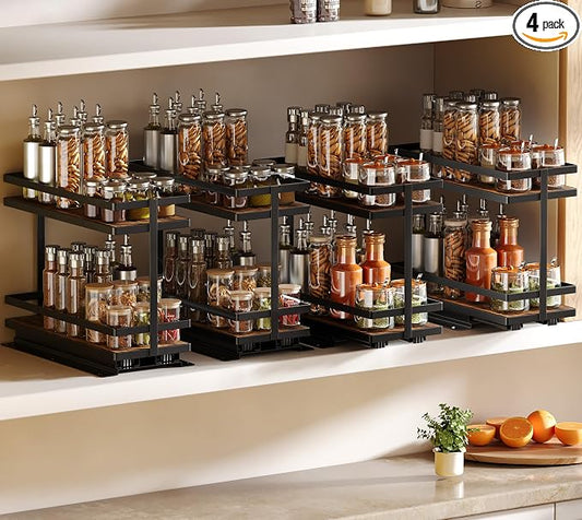 Pull Out Spice Rack 4Pcs Metal & Wood Seasoning Organizer Black | No-Drill Install | Full-Extension Silent Glide | Each Tier Holds 10–12 Standard Spice Bottles | Rustproof, Wipe-Clean Surface