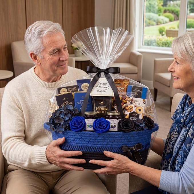Colingmill 1 Set Woven Empty Basket for Gift,Blue Black | with Cellophane Wrap Set, 14 x 10 x 5.5 Inch, Medium Decorative Gift Basket, Cotton Rope Storage Box, Home Decor