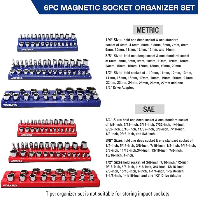 WORKPRO Magnetic Socket Organizer Set, 6-Piece Metric SAE Socket Holder Set | 1/4", 3/8", 1/2" DR Socket Trays, Holds 143-Piece Sockets, Suitable for Standard and Deep Sockets, Sockets not Included