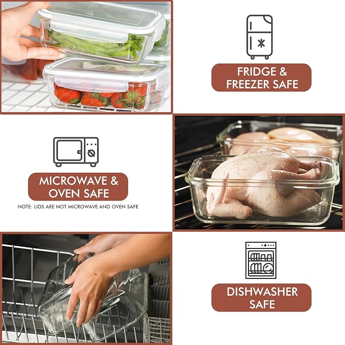 Razab 16 Pc (Set of 8) 30 Oz Glass Meal Prep Containers with Lids, Airtight Large Glass Food Storage Containers, Reusable Leak Proof BPA Free, Freezer to Oven and Dishwasher Safe