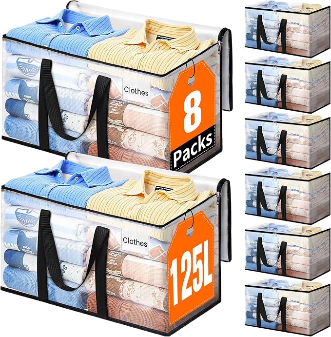 Moving Bags, Extra Large Heavy Duty Storage Bags, 125L, 8 Packs | Packing Bags with Strong Zippers & Handles, Top Opening Foldable Storage Tote for Home Organization and College Dorm Move-In