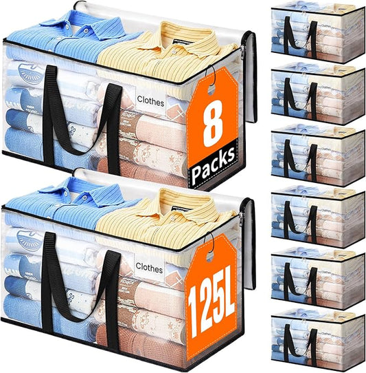 Moving Bags, Extra Large Heavy Duty Storage Bags, 125L, 8 Packs | Packing Bags with Strong Zippers & Handles, Top Opening Foldable Storage Tote for Home Organization and College Dorm Move-In
