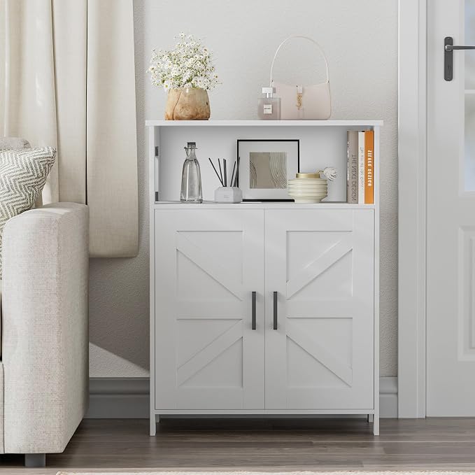 Homhedy Farmhouse Bathroom Storage Cabinet with Doors, Small Floor Cabinet | Toilet Paper Cabinet with Adjustable Shelf, Freestanding Storage Cabinet for Kitchen/Laundry/Living Room, 24"W, White