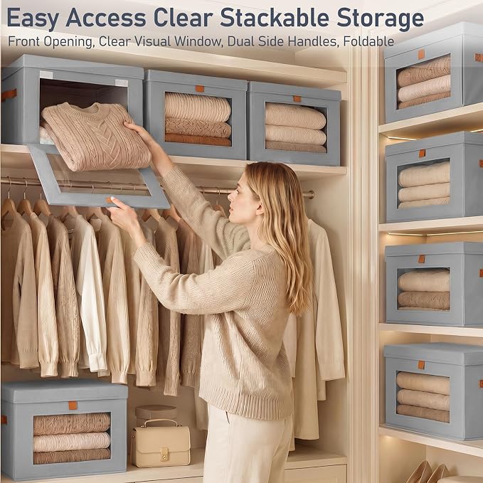 DIMJ Storage Bins with Lids - 5 Pack Front Opening Stackable Fabric Storage Boxes with Clear Window & Handles, Collapsible Closet Organizers for Clothes, Sweaters, Shelf Storage, Bedroom, Gray