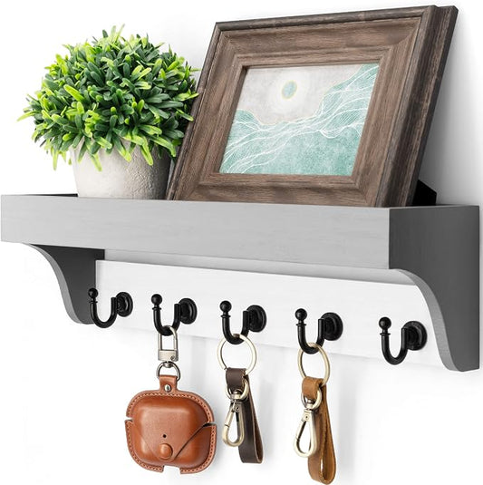 Rebee Vision Key Holder Wall Mount with Shelf for Home Decor, Gray & White | 5 Hooks, Modern Key Holder for Wall, Floating Shelf, Plant Display, Key Hanger for Wallets, Apartment Essential, House Decor