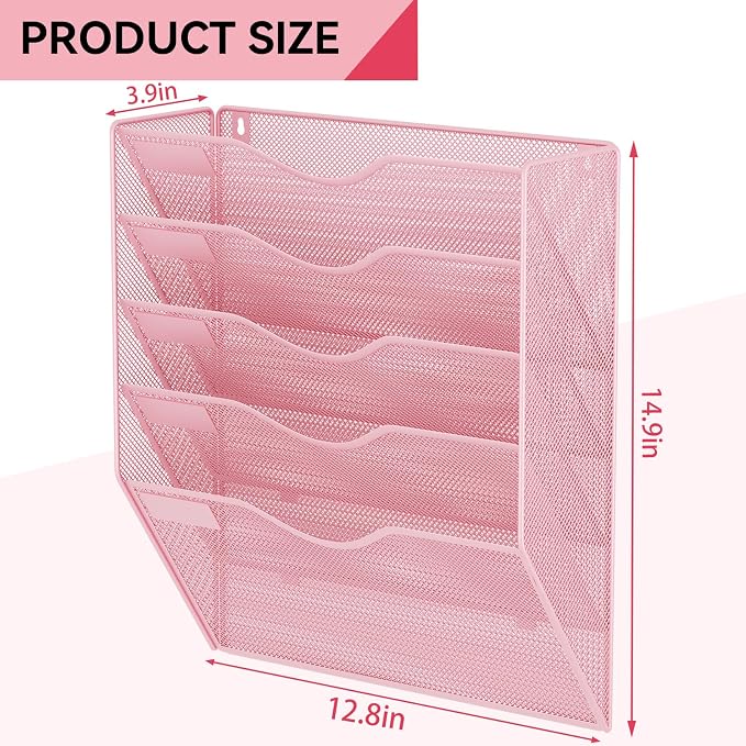 5 Pockets Hanging Wall File Organizer Mail Holder, Wall Mounted Paper Document Folder Holder, Clipboard Storage Organization Magazine Rack, Pink