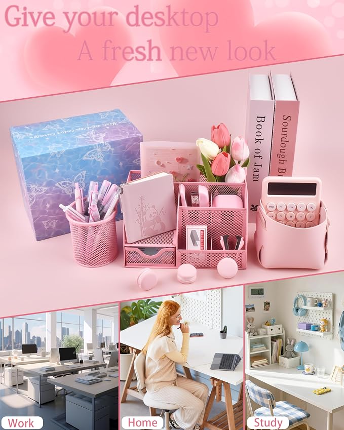 23pc Pink Desk Accessories and Organizers with Mesh Organizer Stapler Tape Dispenser Calculator and a Lot of Office Pink Office Supplies Beautifully Presented in a Gift Box