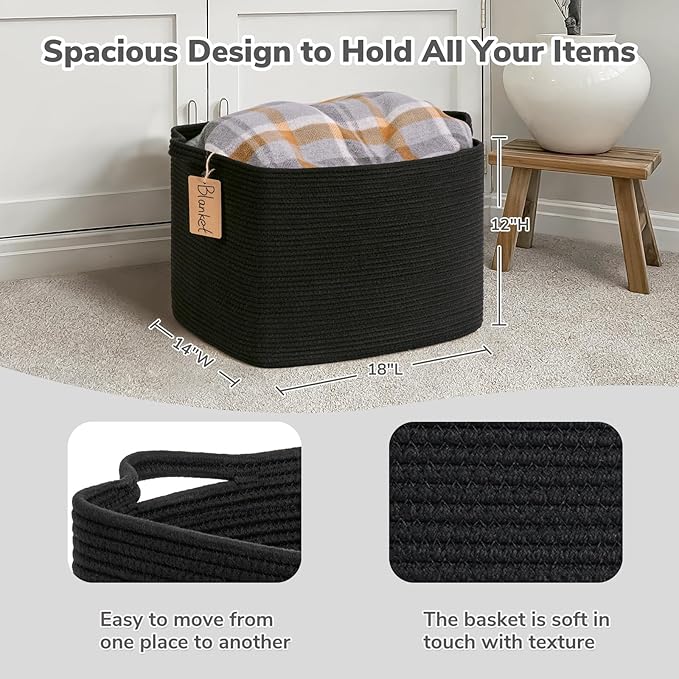 Goodpick Large Rectangle Cotton Rope Basket with Handles, Black | 50L, 18 × 14 × 12 in, Soft Woven, Blankets, Toys & Home Essentials Storage, Living Room, Bedroom & Nursery Organization