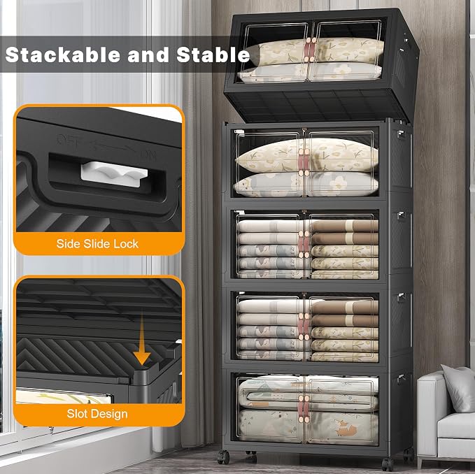 UAMFURI Stackable Storage Bins, 875QT Collapsible Drawers with 2 Lids | Large Capacity, Magnetic Door, Stack Lock, Rolling Wheels, Foldable Design, Organizers and Storage for Bedroom Dorm Garage